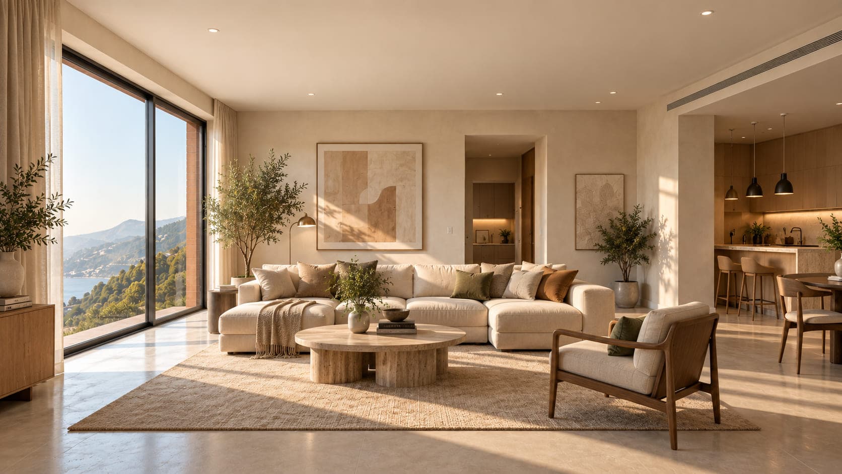 The same living room staged with a sectional sofa, travertine table, rug, and olive trees