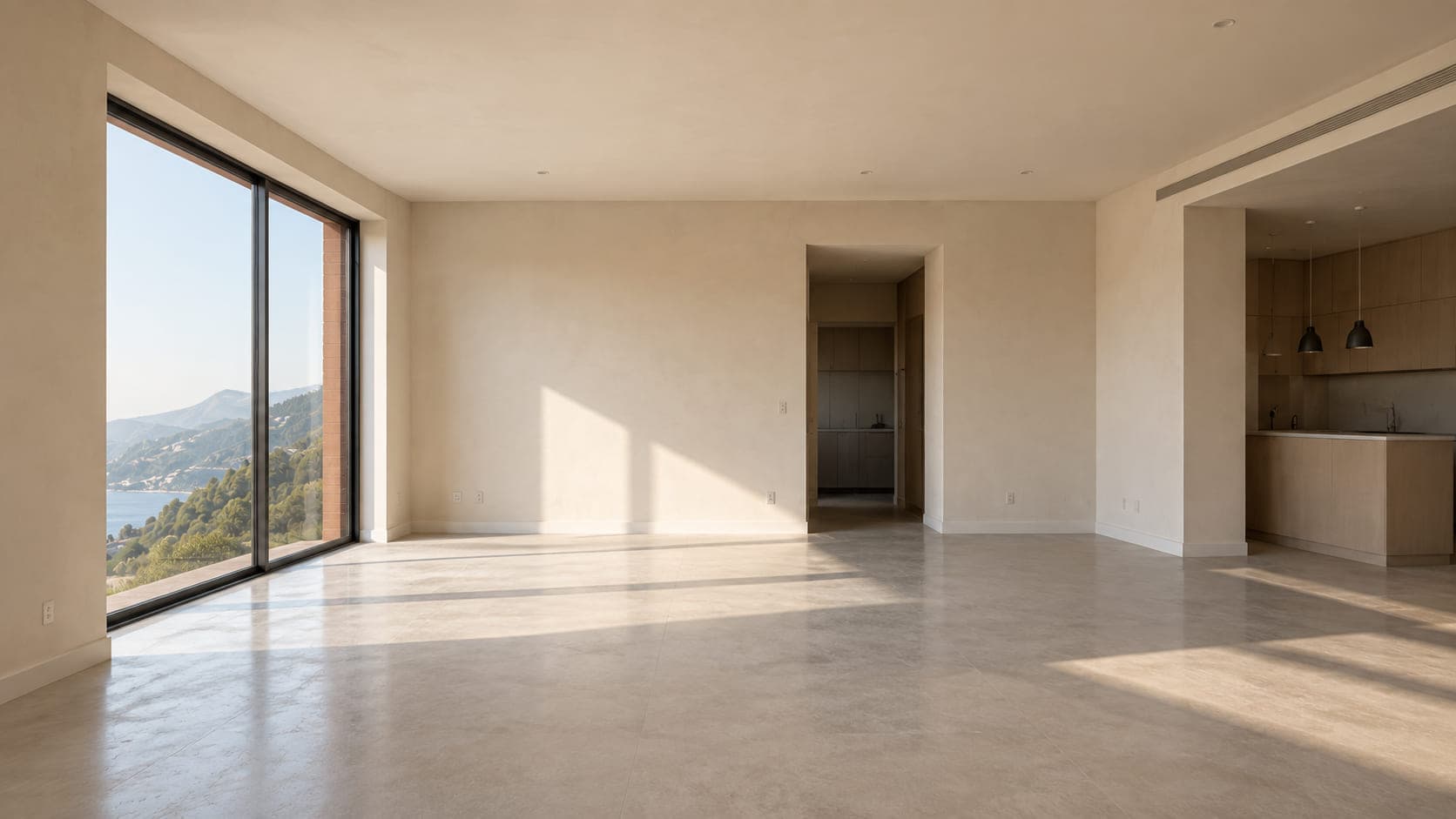 An unfurnished living room with a full-height window over a coastal hillside
